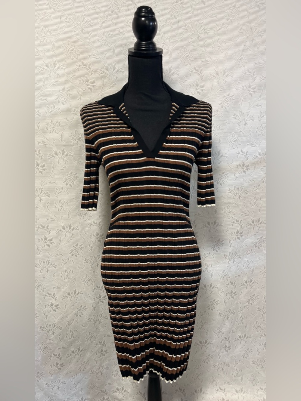 Theory Knit Striped Black and Brown Dress M